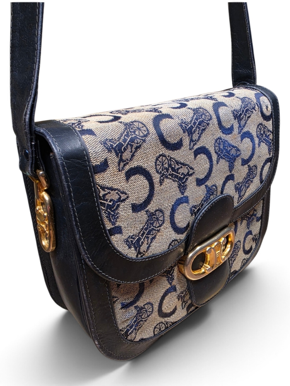 Vtg. CELINE C Sulky Horse & Carriage Jacquard Navy Canvas Purse (Retail $1500+) - Picture 13 of 17